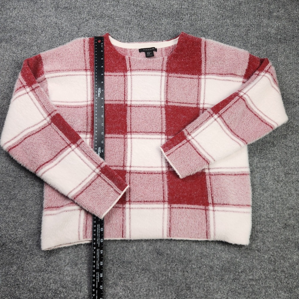 Tahari Womens XL Red Pink Buffalo Plaid Fuzzy Eyelash Knit Pullover Sweater SOFT - Picture 2 of 8